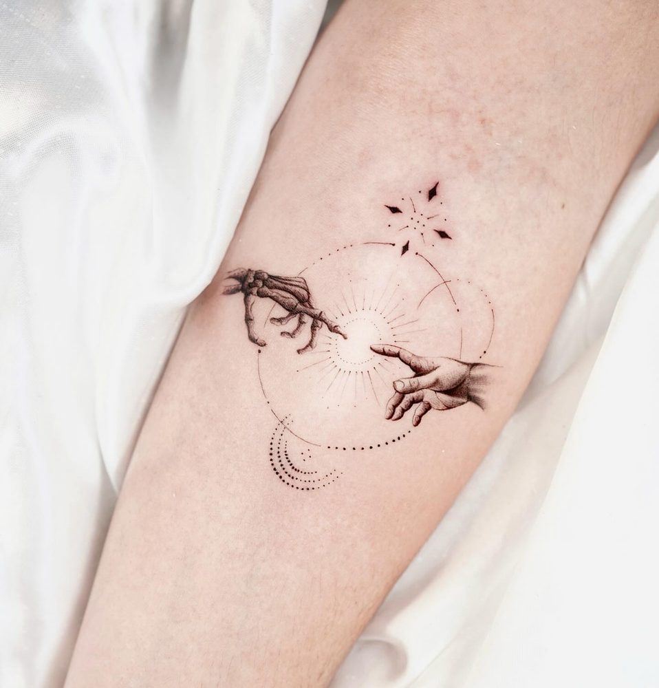 Fine line memento mori tattoo by Diego Aravena, Anaheim CA