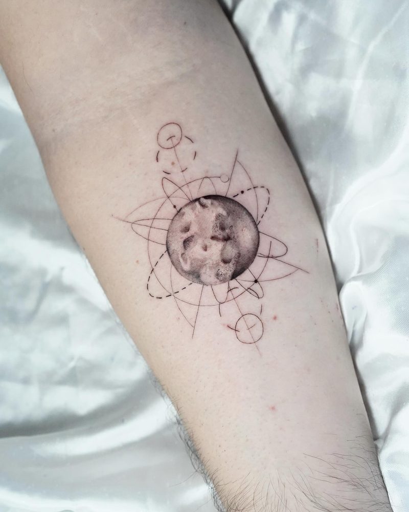 Geometric fine line moon tattoo, Orange County CA