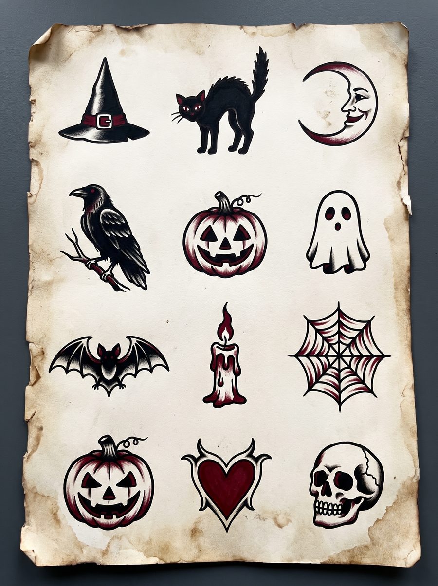 Halloween tattoo flash sheet &mdash; witch hat, black cat, raven, jack-o-lantern, moon and skull designs